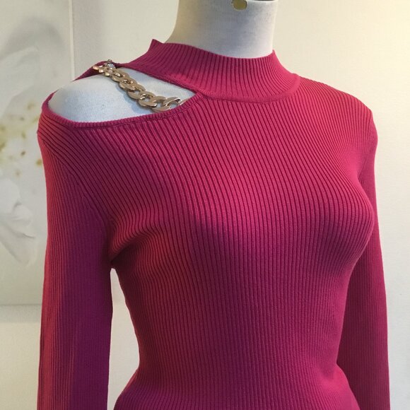 GUESS Ribbed Halter Sweater Pullover Cutout Chains Long Sleeve Logo Pink S - Picture 3 of 6